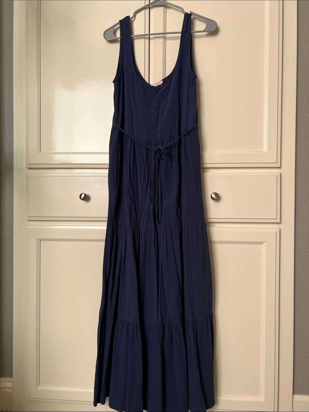lovestitch Navy Scoop Neck Tiered Maxi Dress with Tie